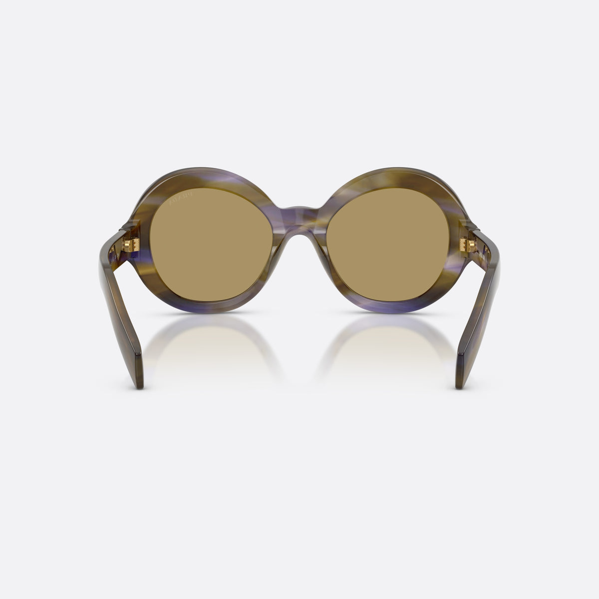 Prada PR D08SU 23G70G sunglasses, brown round frame for women, plain integrated bridge, brand lettering on temples, back view