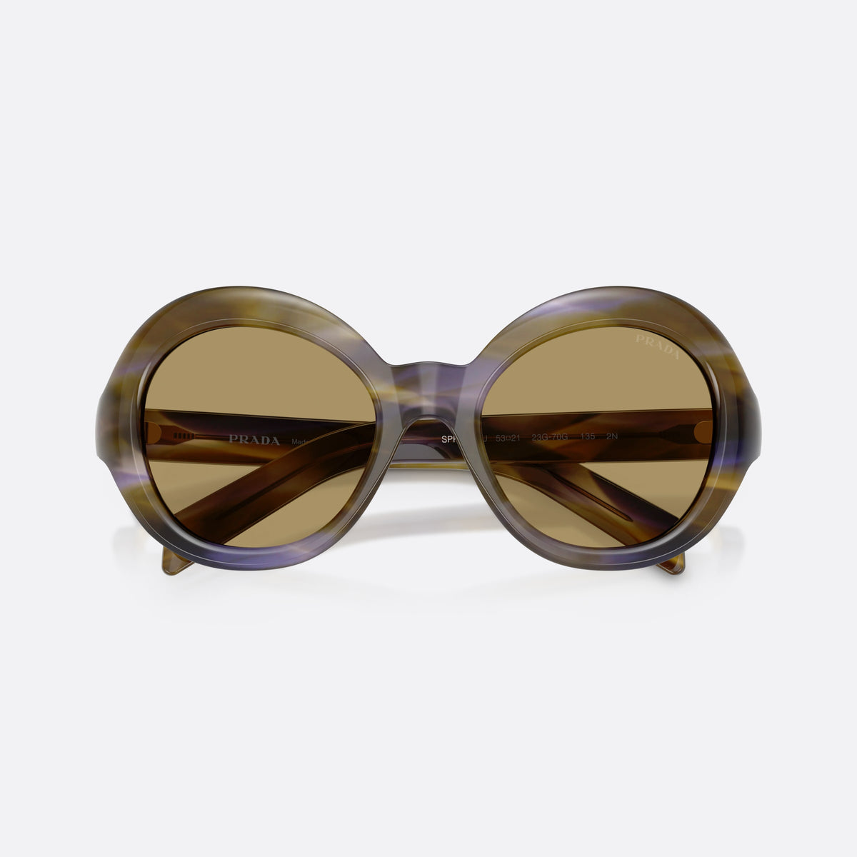 Prada PR D08SU 23G70G sunglasses, brown round frame for women, plain integrated bridge, brand lettering on temples, folded