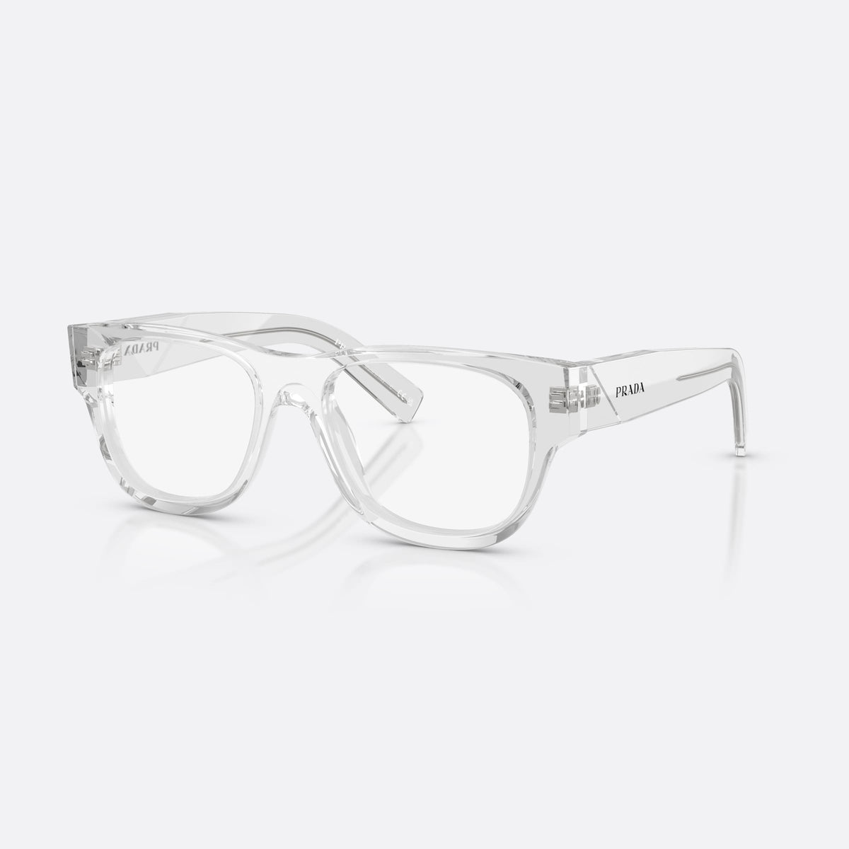 Prada PR D08VU 12R1O1 eyeglasses, clear square frame for men, plain bridge, brand lettering on temple, full-rim frame