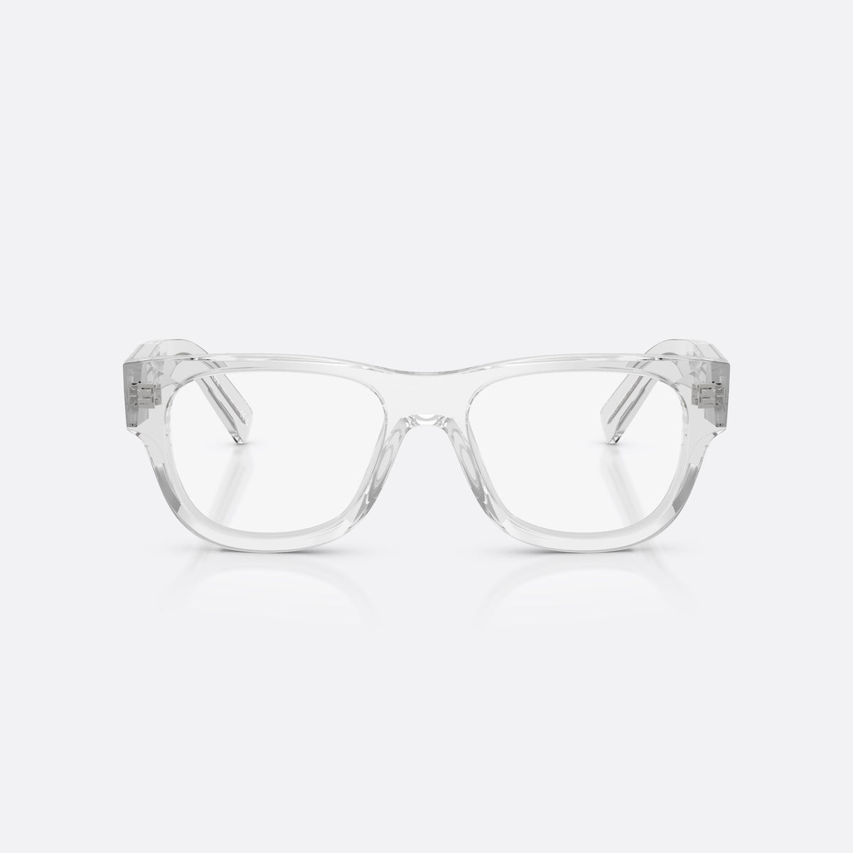 Prada PR D08VU 12R1O1 eyeglasses, clear square frame for men, plain bridge, brand lettering on temple, full-rim frame, front view