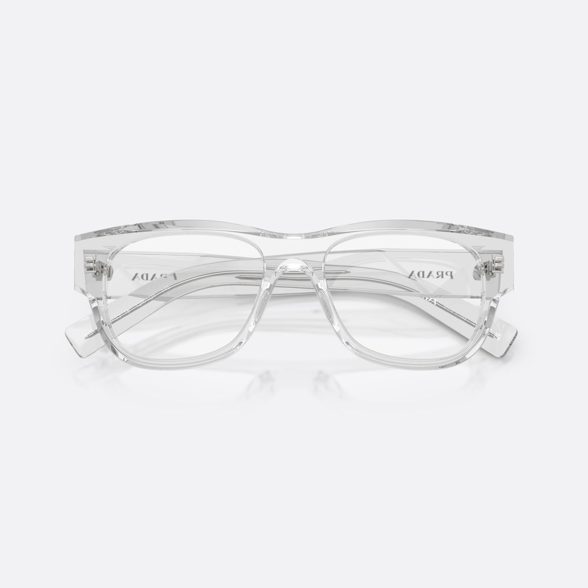 Prada PR D08VU 12R1O1 eyeglasses, clear square frame for men, plain bridge, brand lettering on temple, full-rim frame, folded