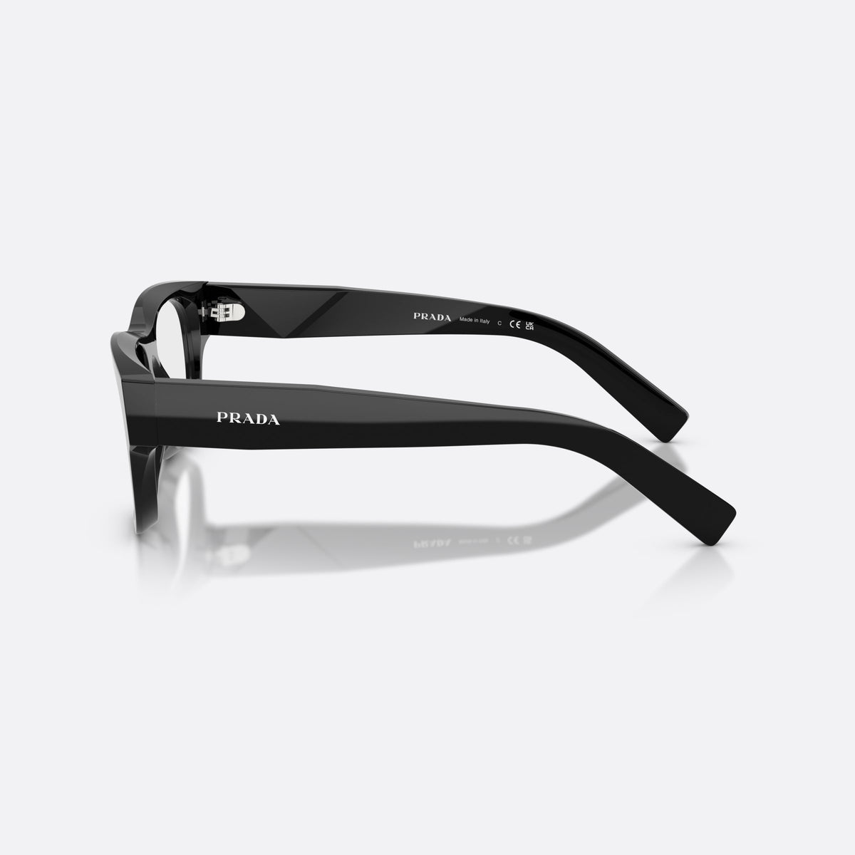 Prada PR D08VU 16K1O1 eyeglasses, black square frame for men, plain bridge, narrow saddle shape, wide tapered temples, side view