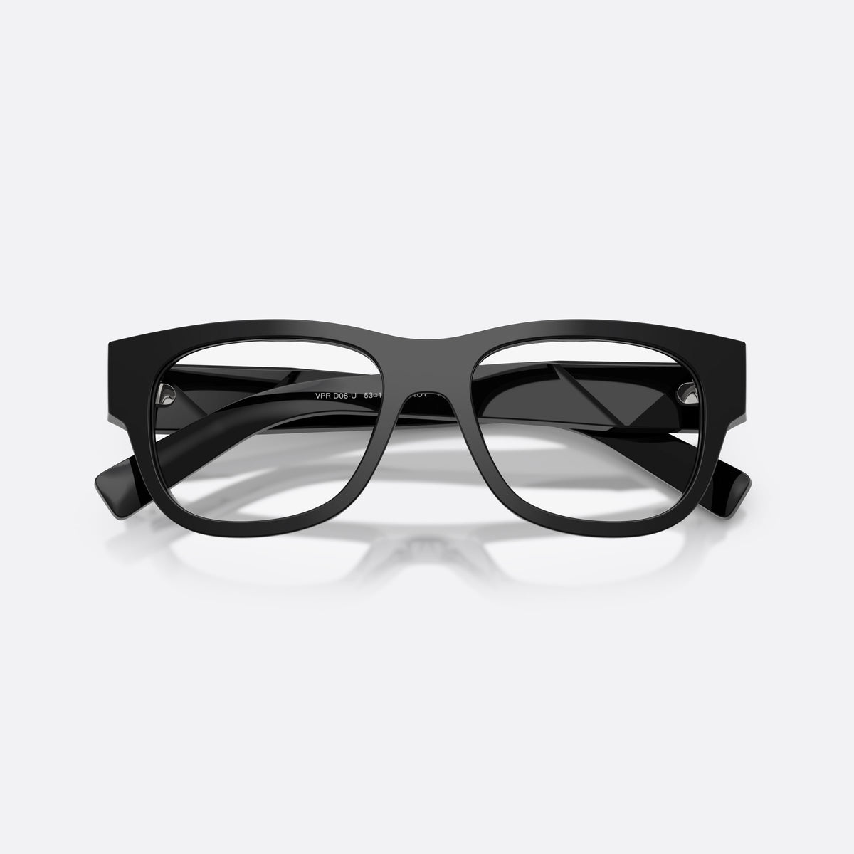 Prada PR D08VU 16K1O1 eyeglasses, black square frame for men, plain bridge, moderately narrow, brand lettering on temples, folded