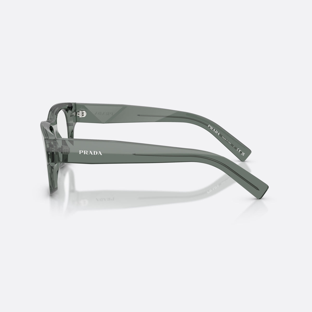 Prada PR D08VU 21J1O1 eyeglasses, grey square frame for men, plain bridge, integrated into front, wide tapered temples, side view