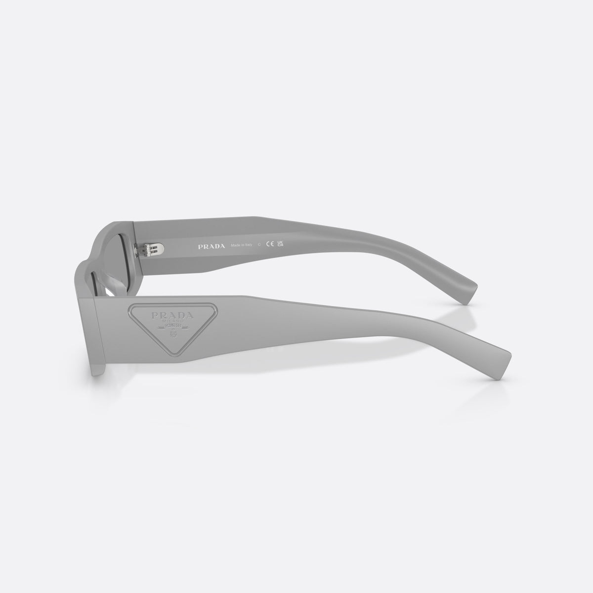 Prada PR D09SD 06K50Q sunglasses, grey rectangle frame for men, keyhole bridge, brand logo on temple, wide tapered temples, side view