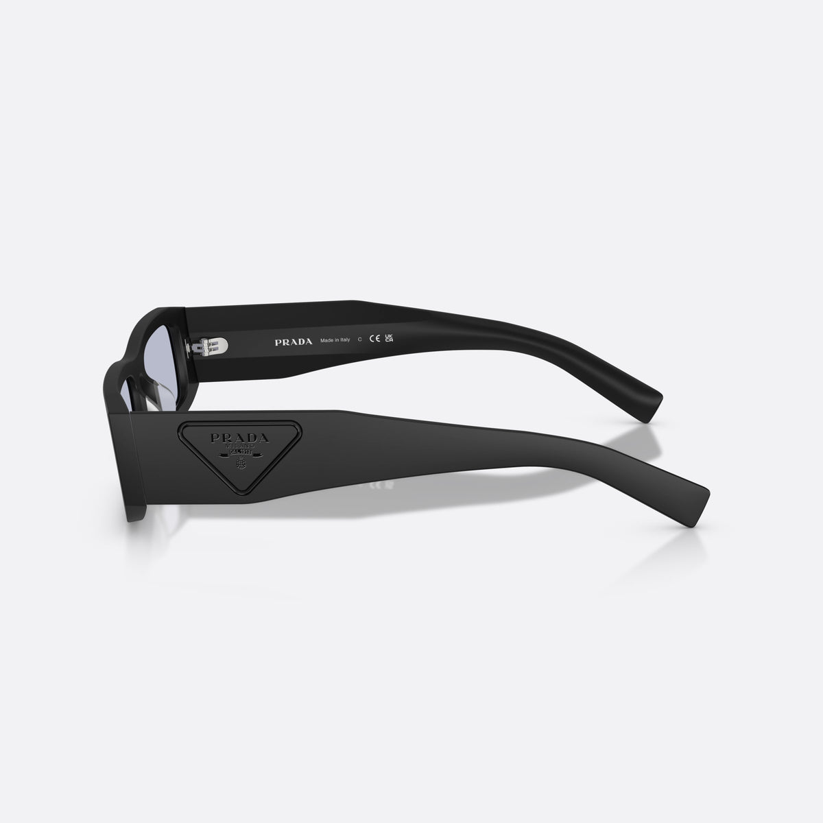 Prada PR D09SD 1BO30X sunglasses, black rectangle frame for men, plain bridge, brand logo on temple plaque, side view