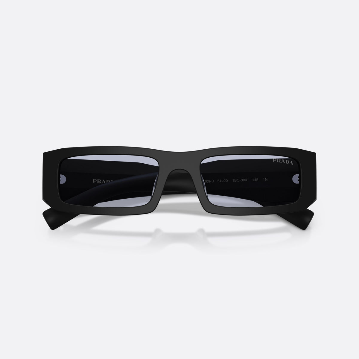 Prada PR D09SD 1BO30X sunglasses, black rectangle frame for men, plain bridge, brand logo on temple plaque, folded