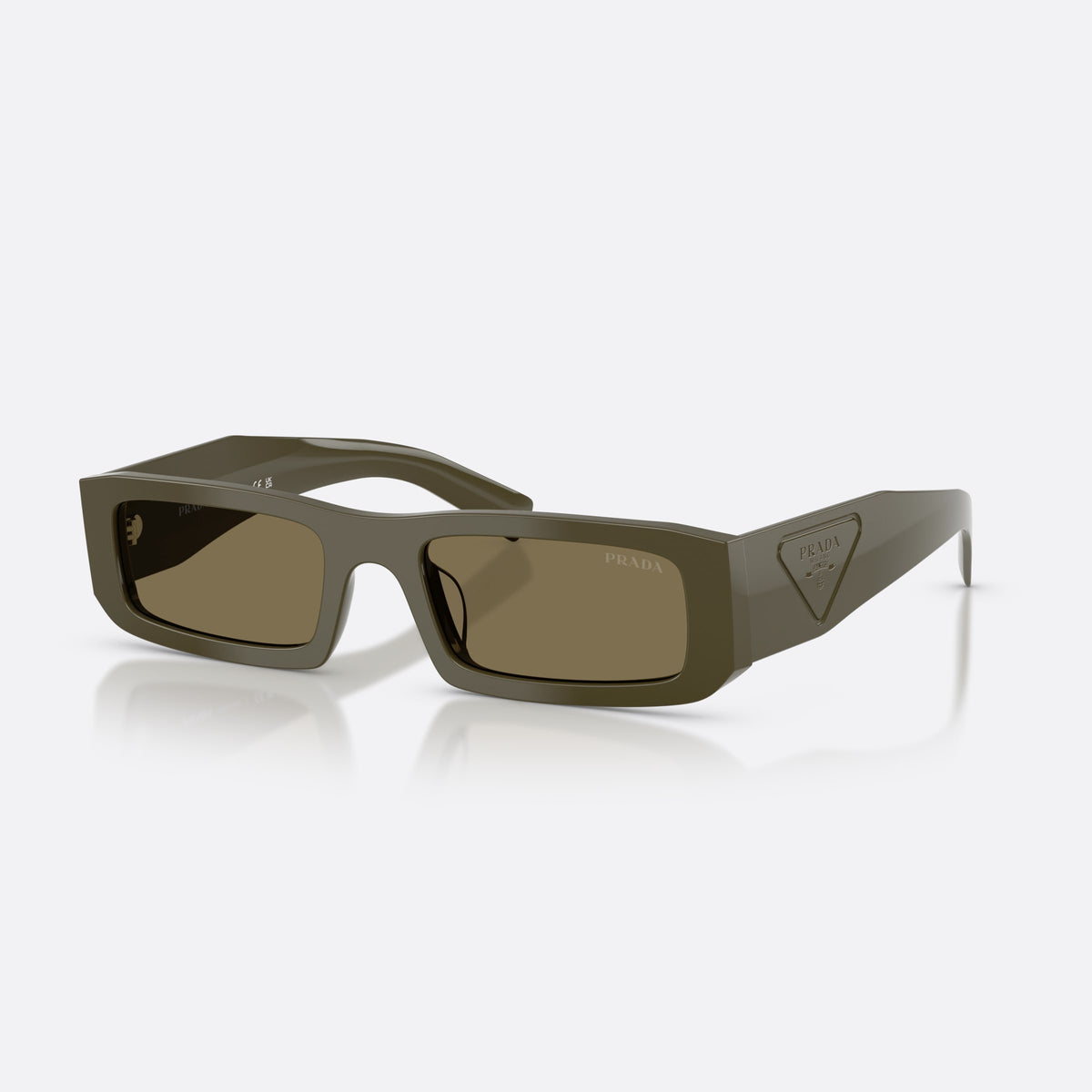 Prada PR D09SD 26J90F sunglasses, green rectangle frame for men, plain narrow bridge, brand logo on temple