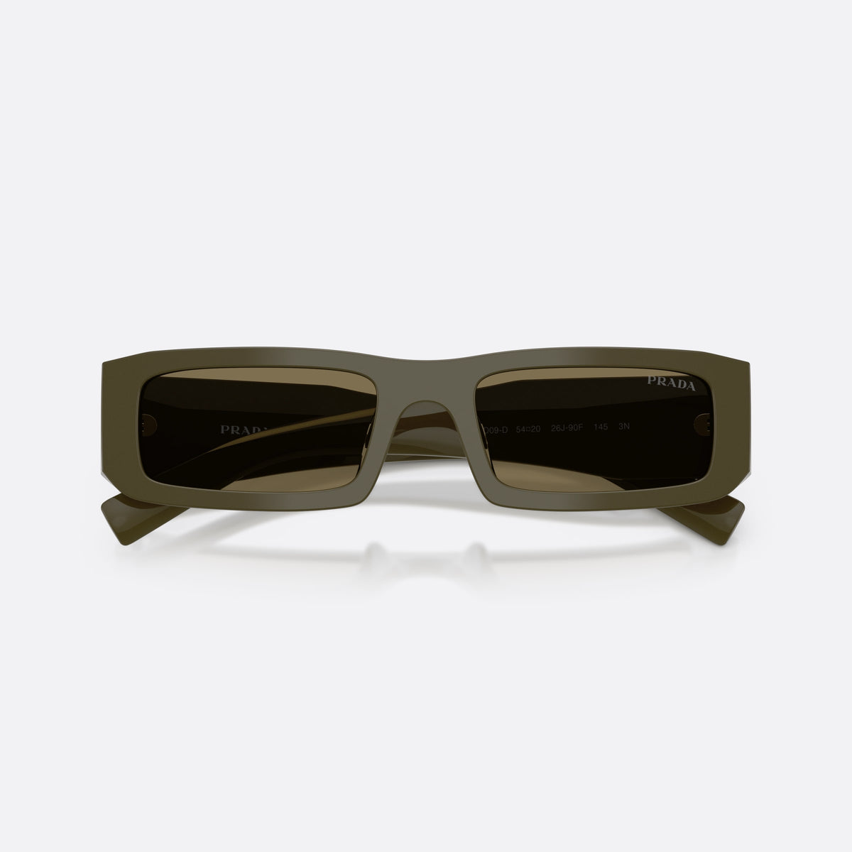 Prada PR D09SD 26J90F sunglasses, green rectangle frame for men, plain narrow bridge, brand logo on temple, folded