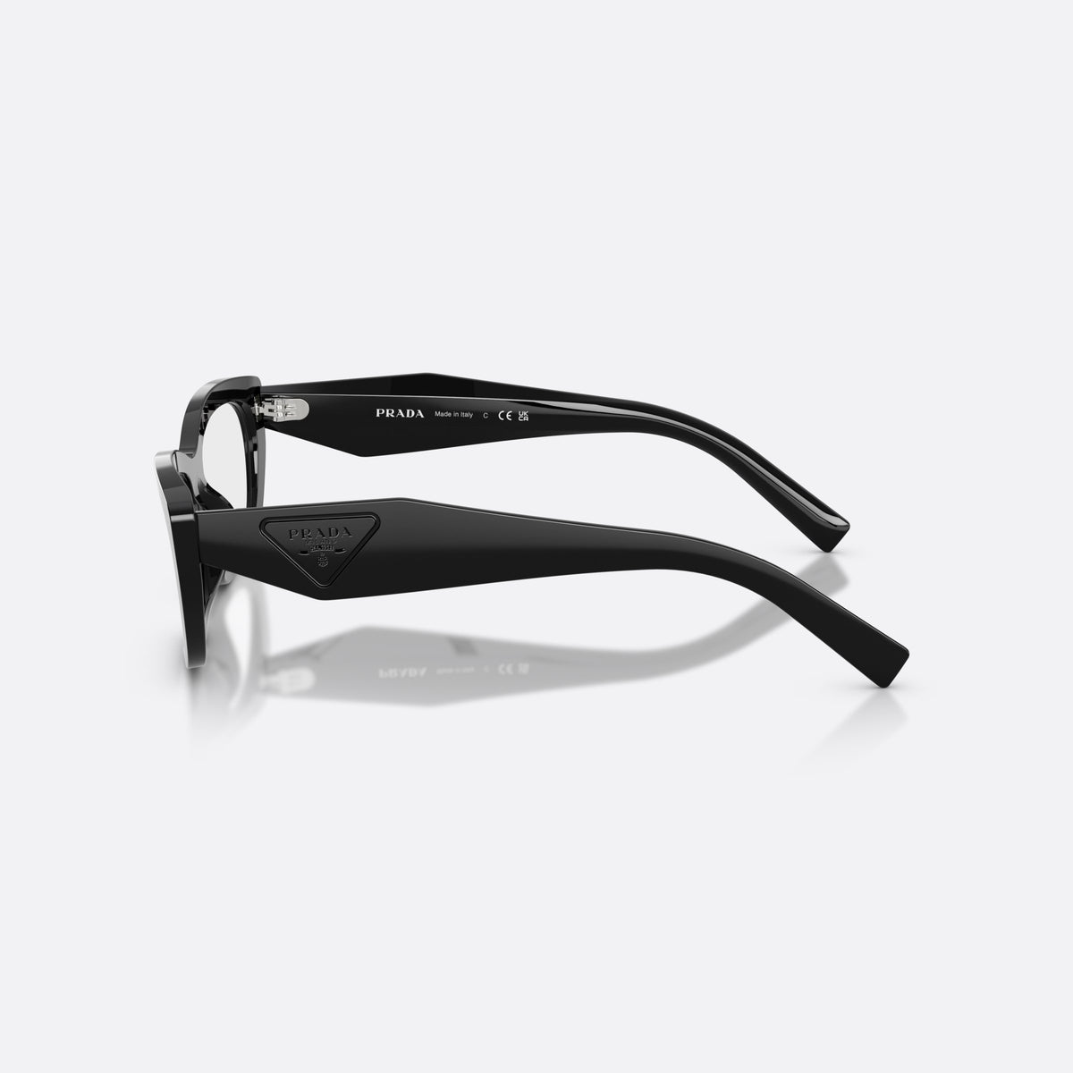 Rame ochelari de vedere Prada PR D09V 16K1O1, neregulat negru, pentru femei, punte simplă, profil jos, literele brandului pe brațe, vedere laterală