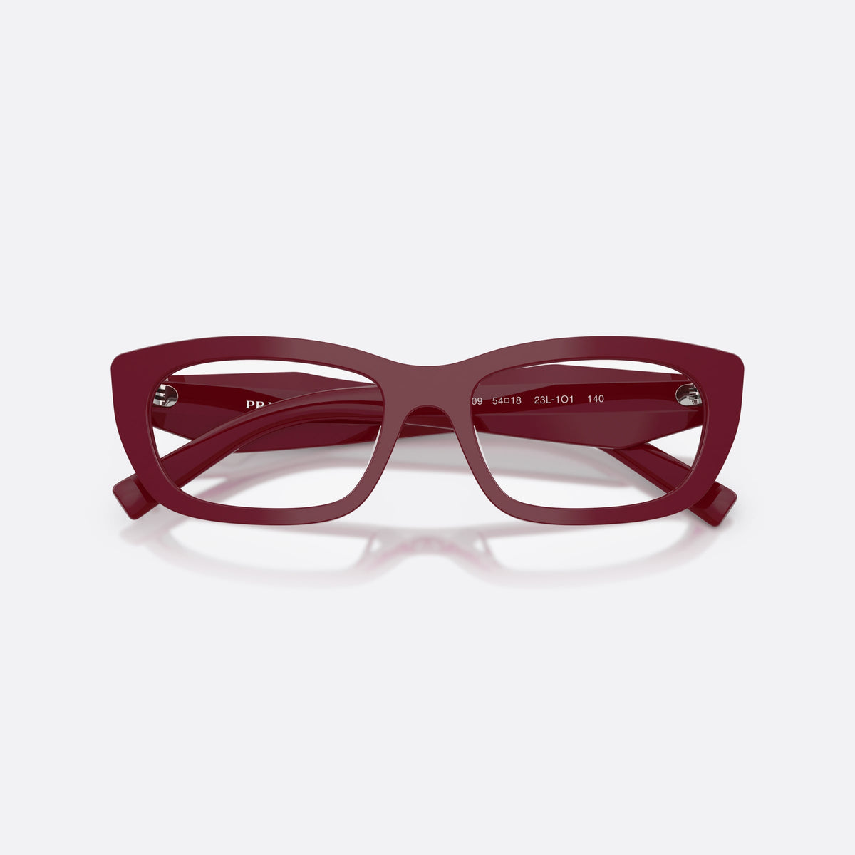 Prada PR D09V 23L1O1 eyeglasses, brown irregular frame for women, plain integrated bridge, brand lettering on temples, folded