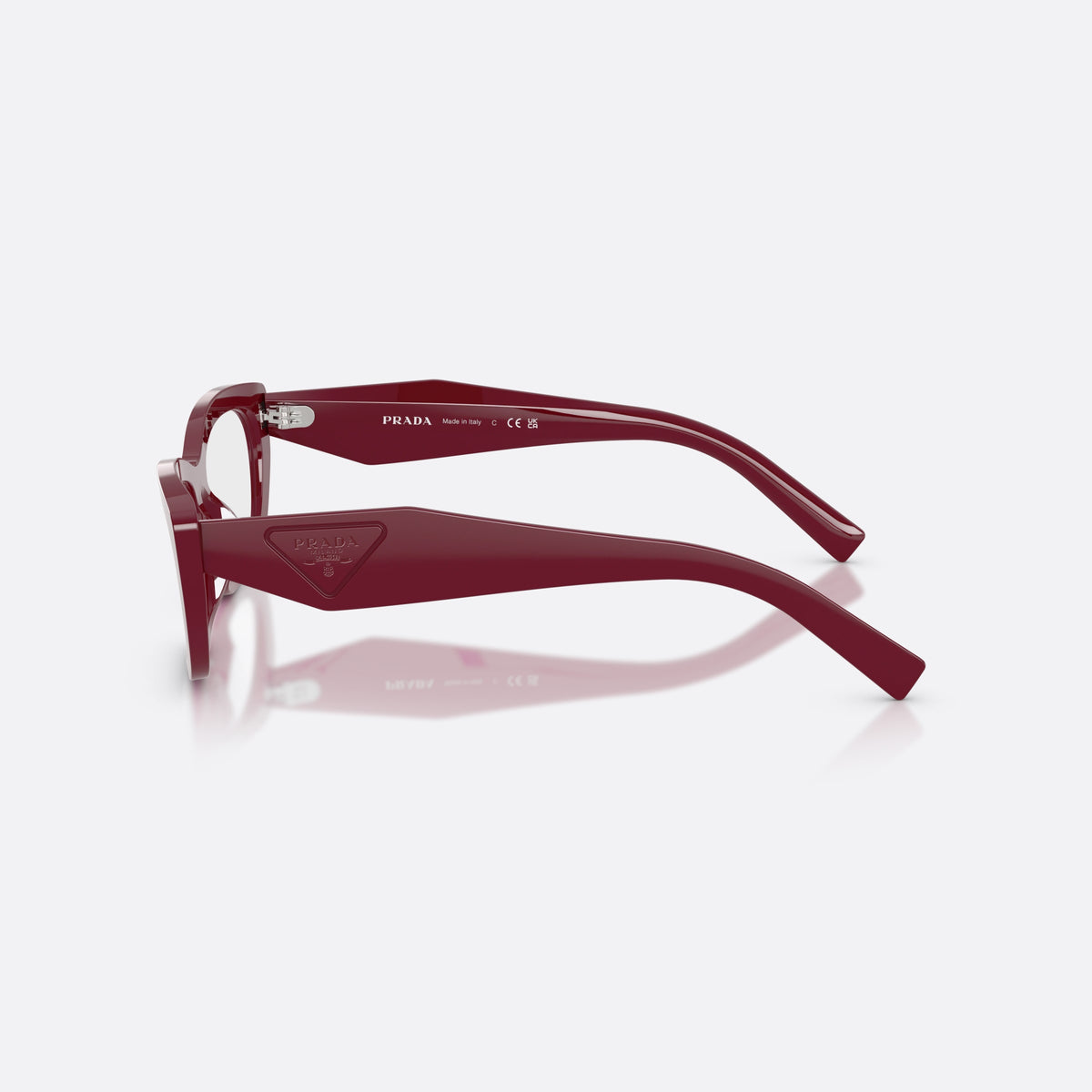 Prada PR D09V 23L1O1 eyeglasses, brown irregular frame for women, plain integrated bridge, brand logo on temple, side view