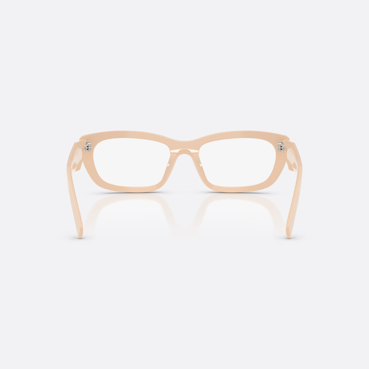 Prada PR D09V 25B1O1 eyeglasses, pink irregular frame for women, plain bridge, integrated into rim, wide tapered temples, back view