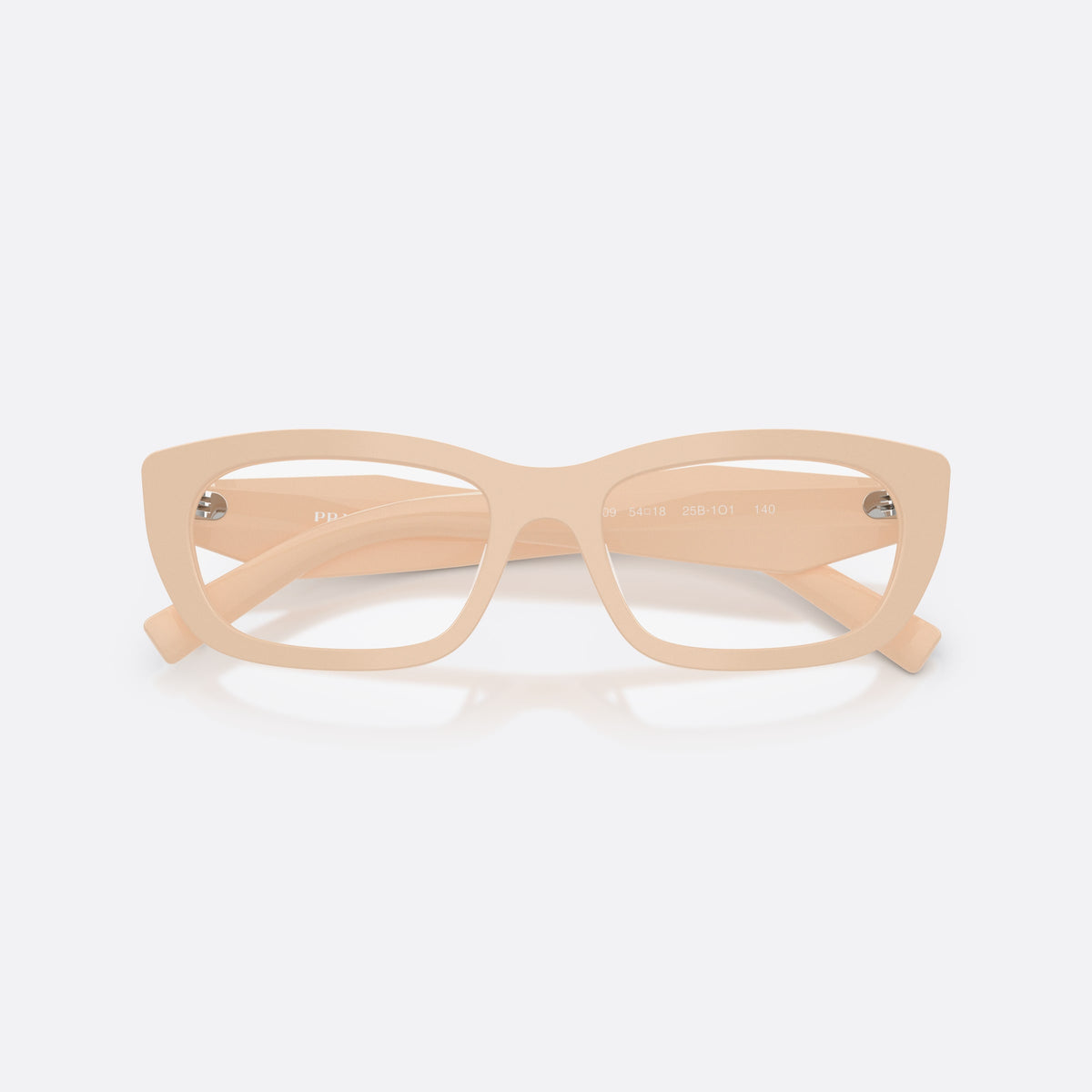 Prada PR D09V 25B1O1 eyeglasses, pink irregular frame for women, plain integrated bridge, brand lettering on temples, folded
