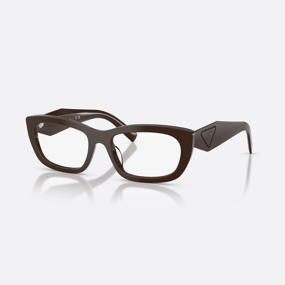 Prada PR D09V 27I1O1 eyeglasses, brown irregular frame for women, plain bridge, triangular brand logo plaque