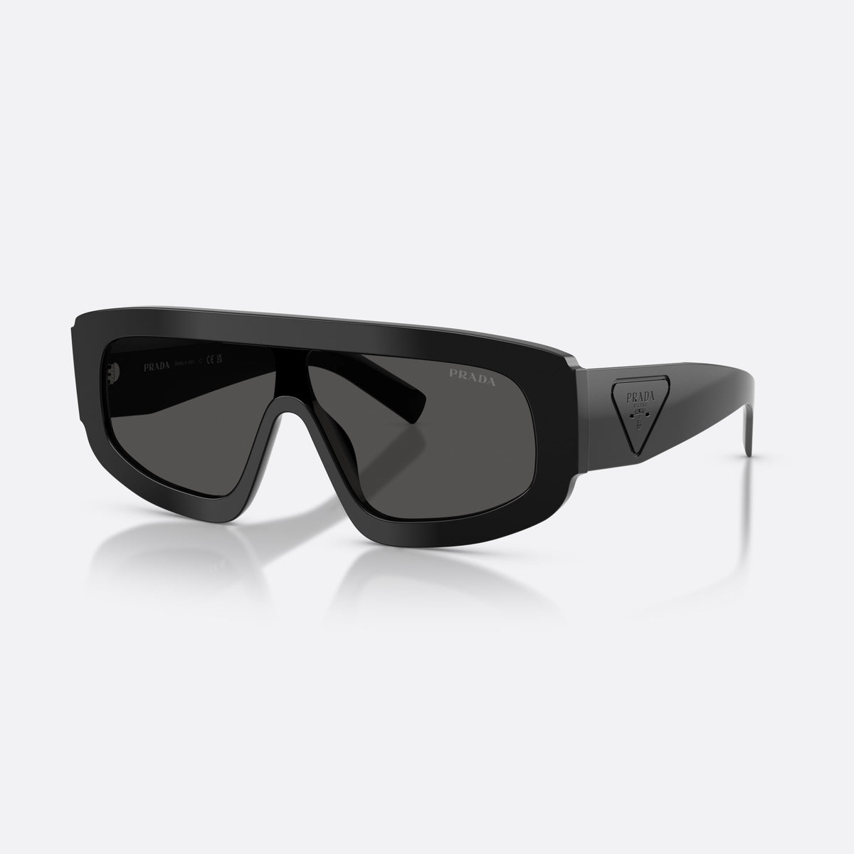 Prada PR D10S 16K08Z sunglasses, black irregular frame for men, single integrated bridge, brand lettering on lenses