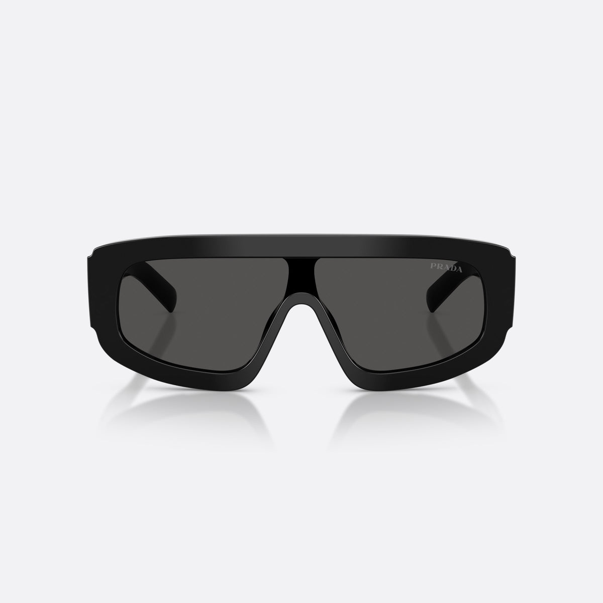 Prada PR D10S 16K08Z sunglasses, black irregular frame for men, single integrated bridge, brand lettering on lenses, front view