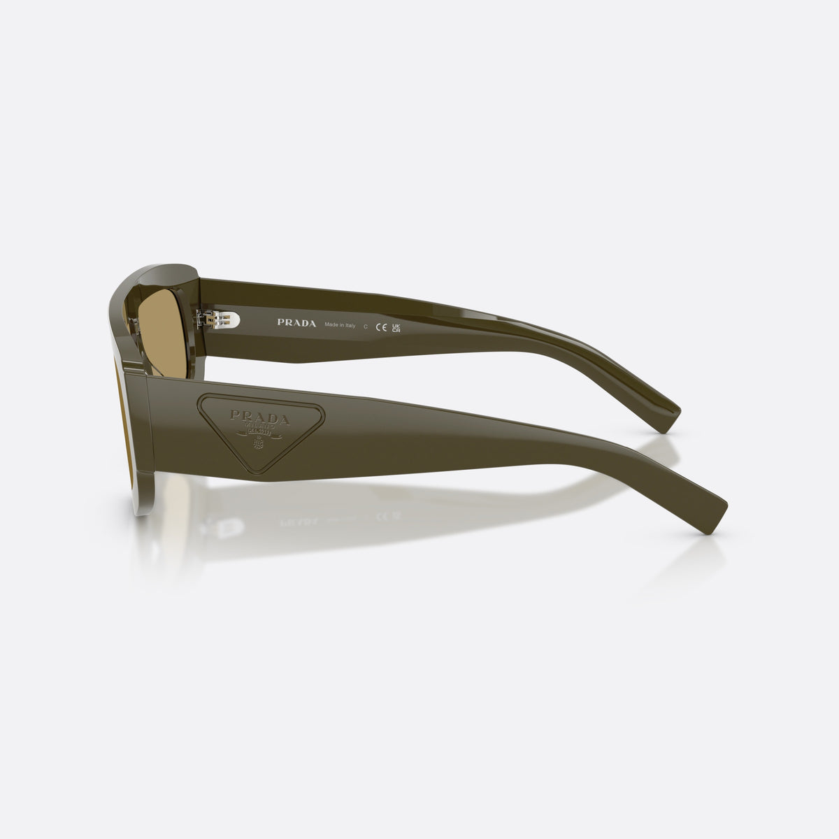Prada PR D10S 26J70G sunglasses, green irregular frame for men, integrated plain bridge, wide temples with triangular plaque, side view