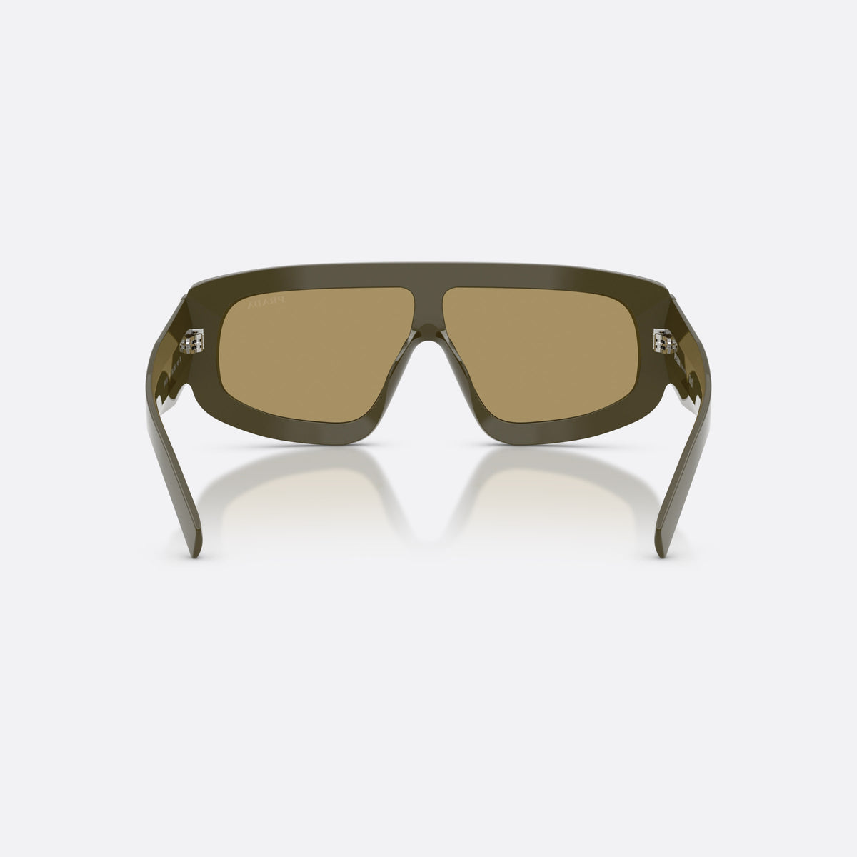 Prada PR D10S 26J70G sunglasses, green irregular frame for men, integrated plain bridge, wide temples with triangular plaque, back view
