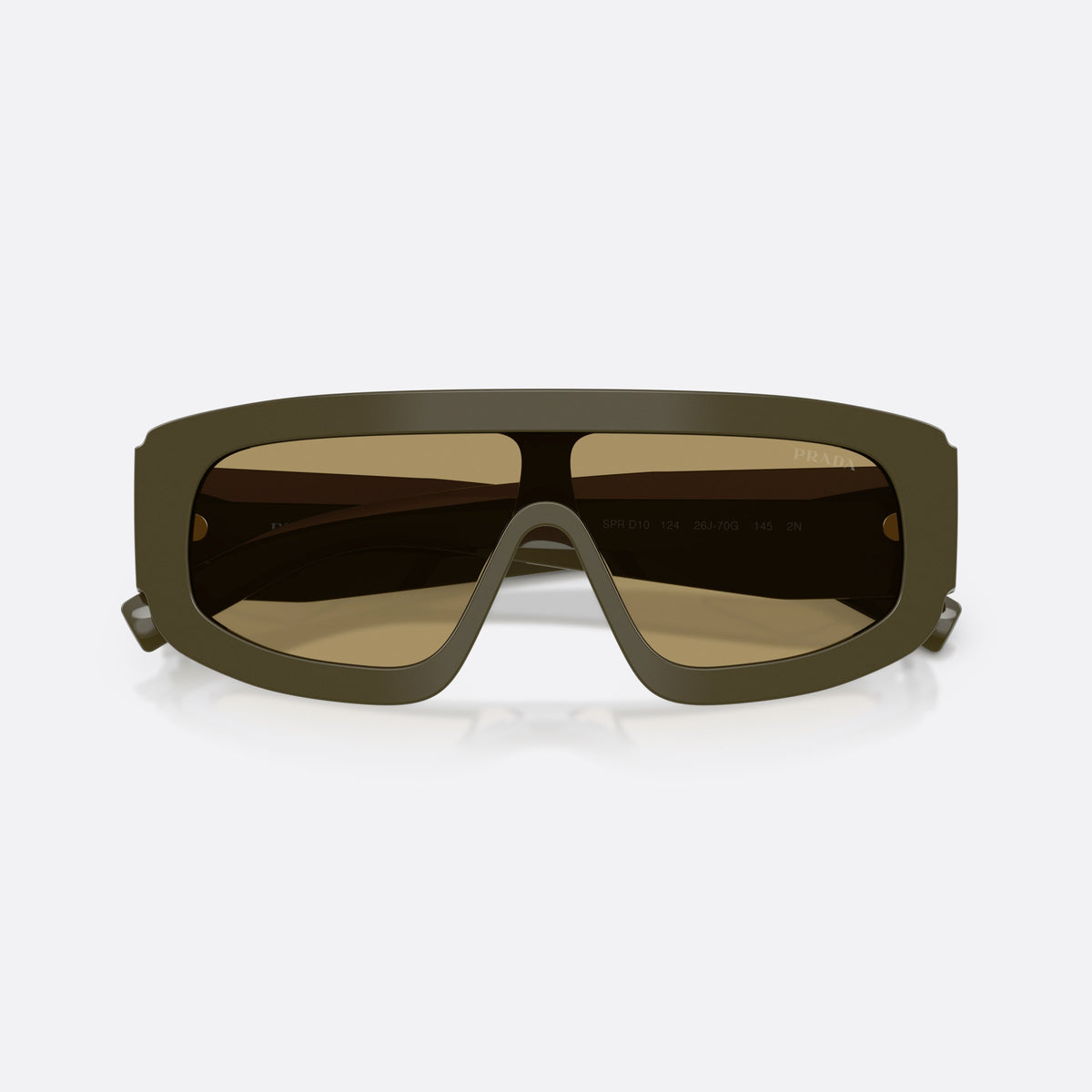 Prada PR D10S 26J70G sunglasses, green irregular frame for men, integrated plain bridge, wide temples with triangular plaque, folded