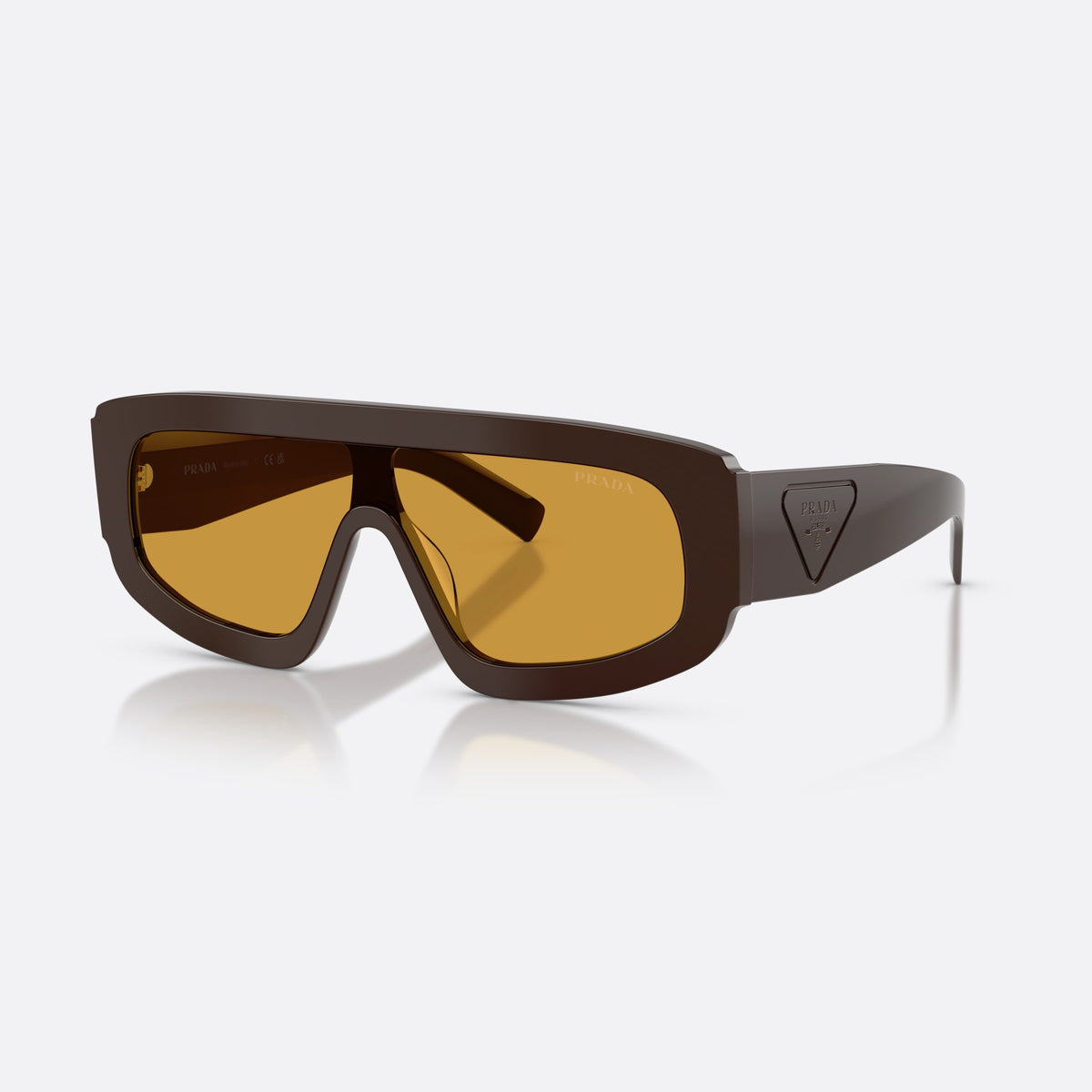 Prada PR D10S 27I50P sunglasses, brown irregular frame for men, brand logo on triangular plaque