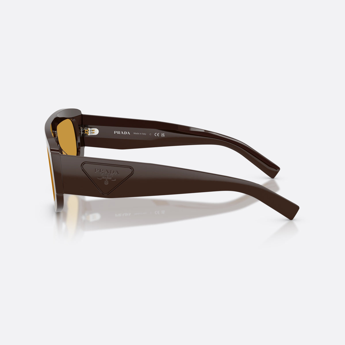 Prada PR D10S 27I50P sunglasses, brown irregular frame for men, brand logo on triangular plaque, side view