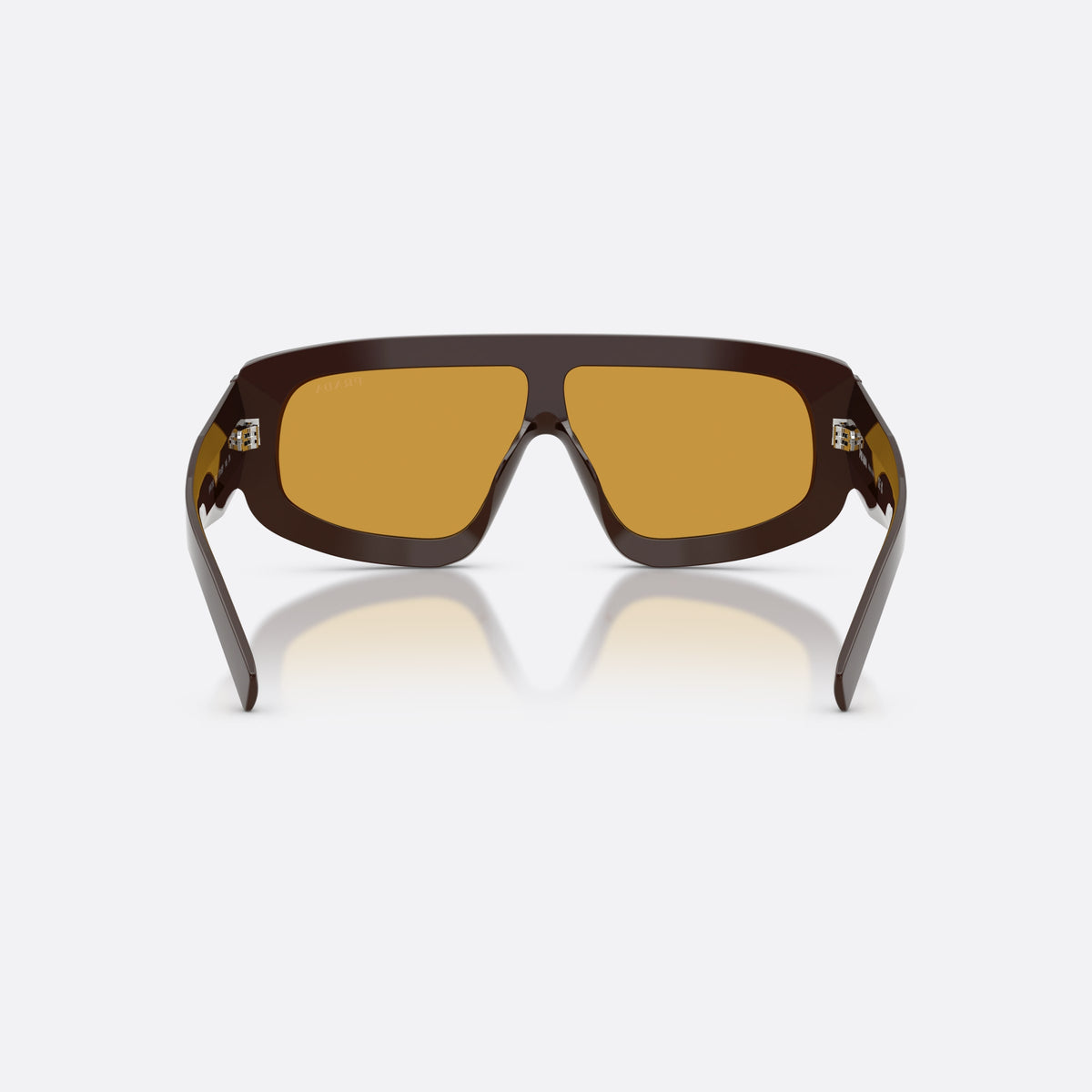 Prada PR D10S 27I50P sunglasses, brown irregular frame for men, brand logo on triangular plaque, back view