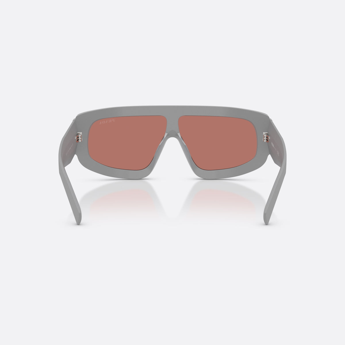 Prada PR D10S 29J80W sunglasses, grey irregular frame for men, integrated single bridge, brand lettering on lens, back view
