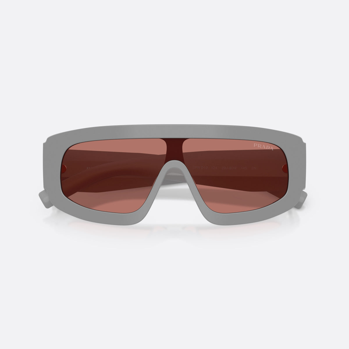 Prada PR D10S 29J80W sunglasses, grey irregular frame for men, integrated single bridge, brand lettering on lens, folded