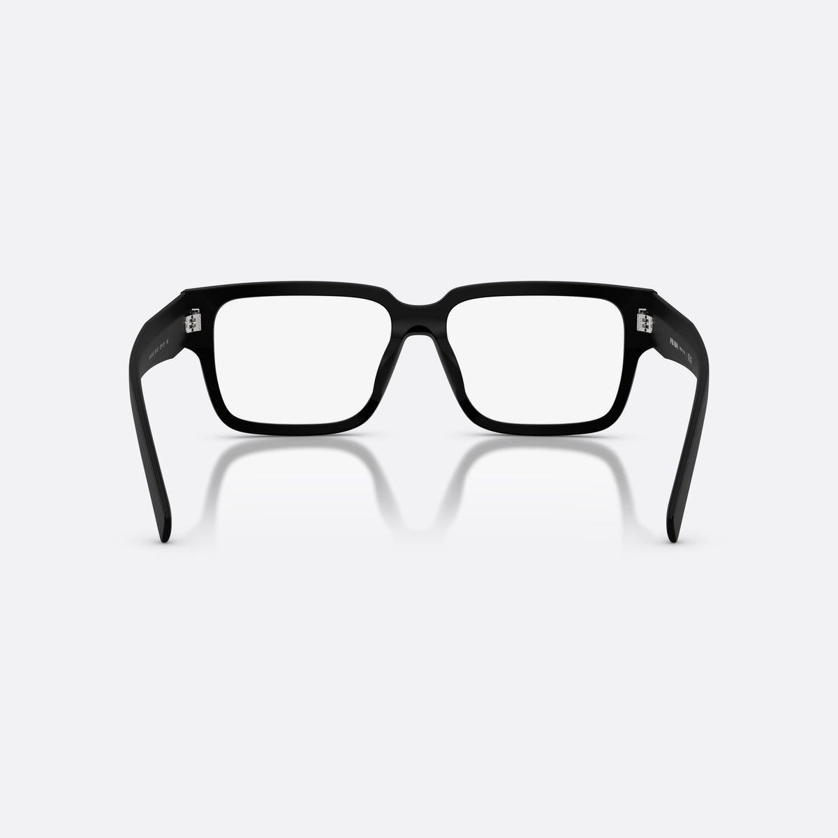 Prada PR D10VD 12P1O1 eyeglasses, black rectangle frame for men, plain bridge, triangular brand logo plaque, back view