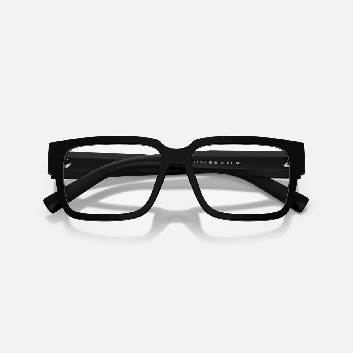 Prada PR D10VD 12P1O1 eyeglasses, black rectangle frame for men, plain bridge, triangular brand logo plaque, folded