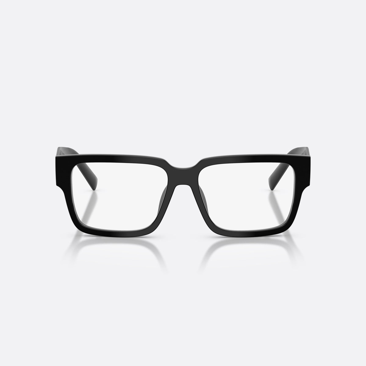Prada PR D10VD 16K1O1 eyeglasses, black rectangle frame for men, plain bridge, triangular brand logo plaque, front view