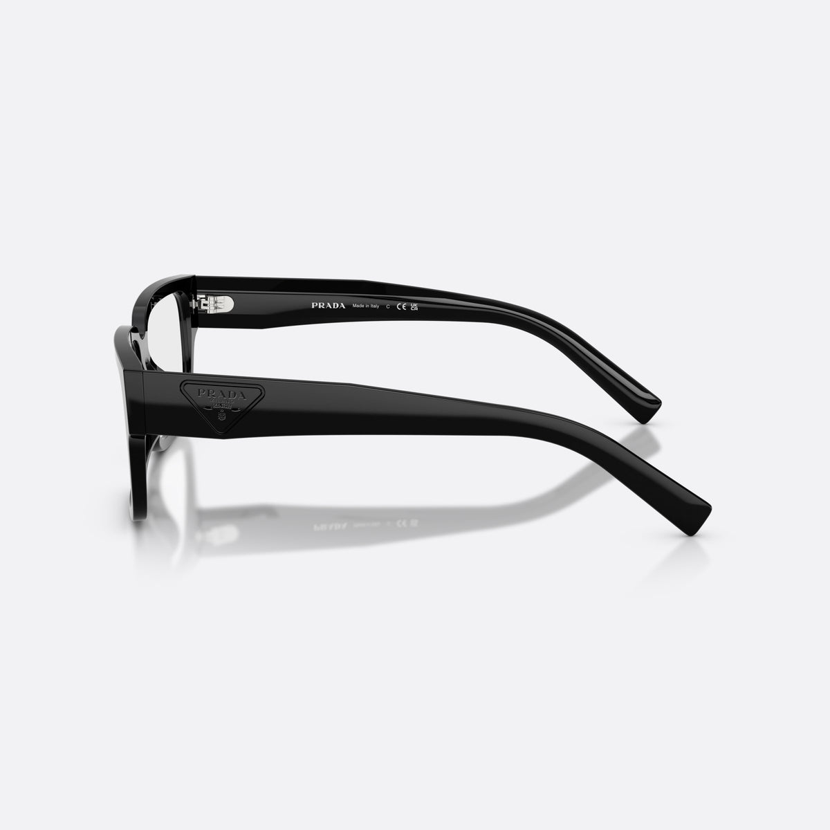 Prada PR D10VD 16K1O1 eyeglasses, black rectangle frame for men, plain bridge, triangular brand logo plaque, side view