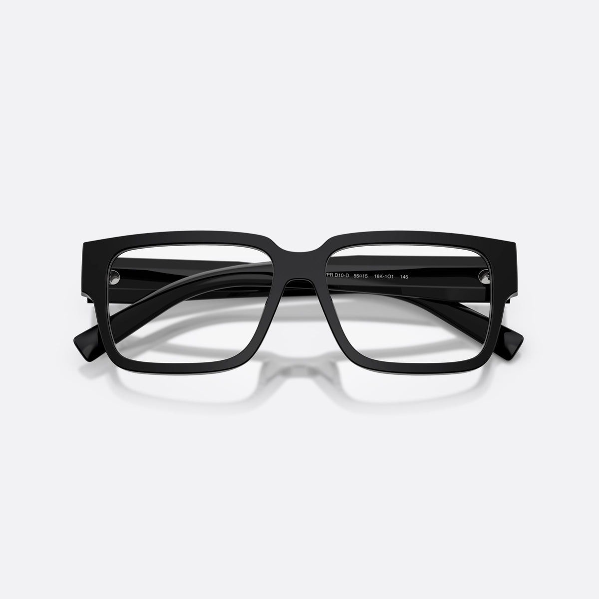 Prada PR D10VD 16K1O1 eyeglasses, black rectangle frame for men, plain bridge, triangular brand logo plaque, folded