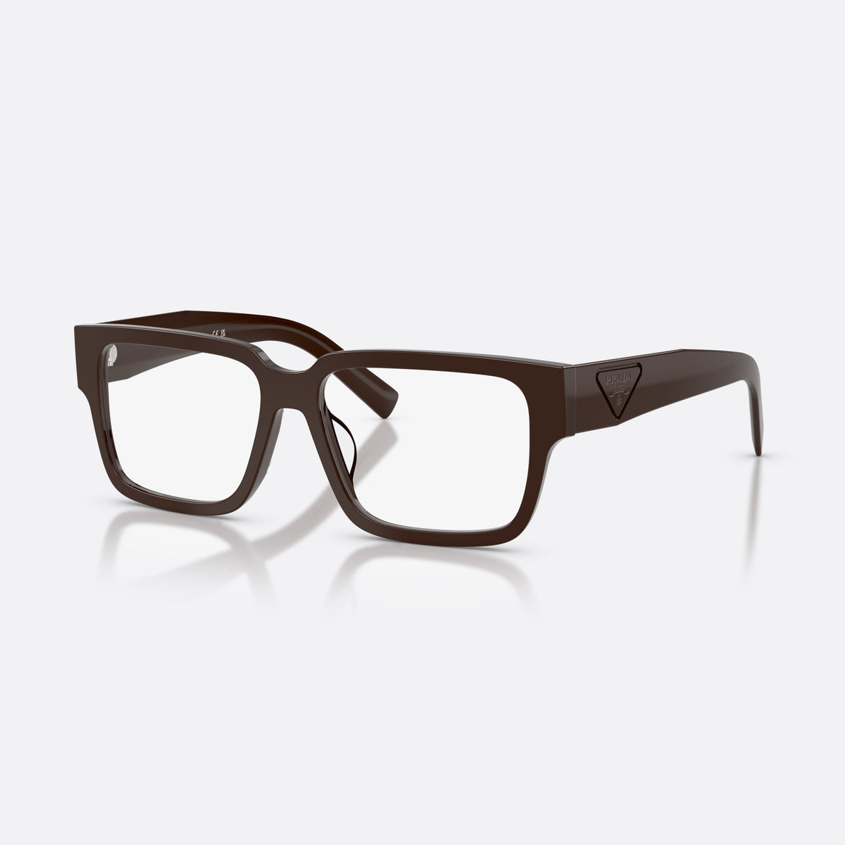 Prada PR D10VD 27I1O1 eyeglasses, brown rectangle frame for men, plain integrated bridge, brand logo on temple