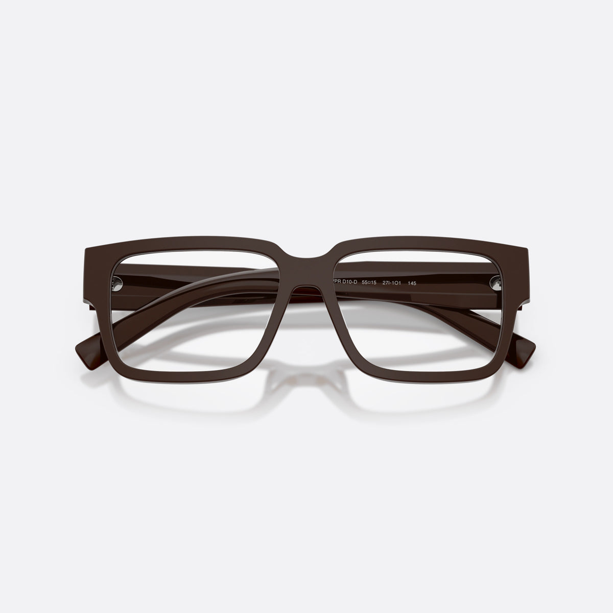 Prada PR D10VD 27I1O1 eyeglasses, brown rectangle frame for men, plain integrated bridge, brand logo on temple, folded