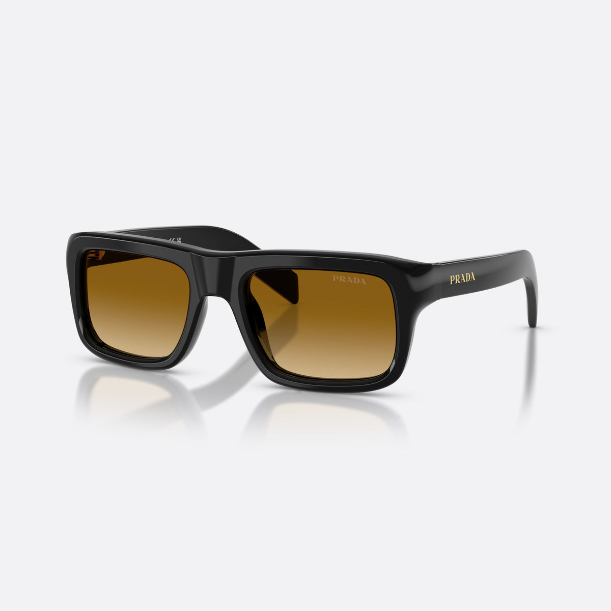 Prada PR D11S 16K10X sunglasses, black rectangle frame for men, plain bridge, brand lettering on temple, full-rim frame