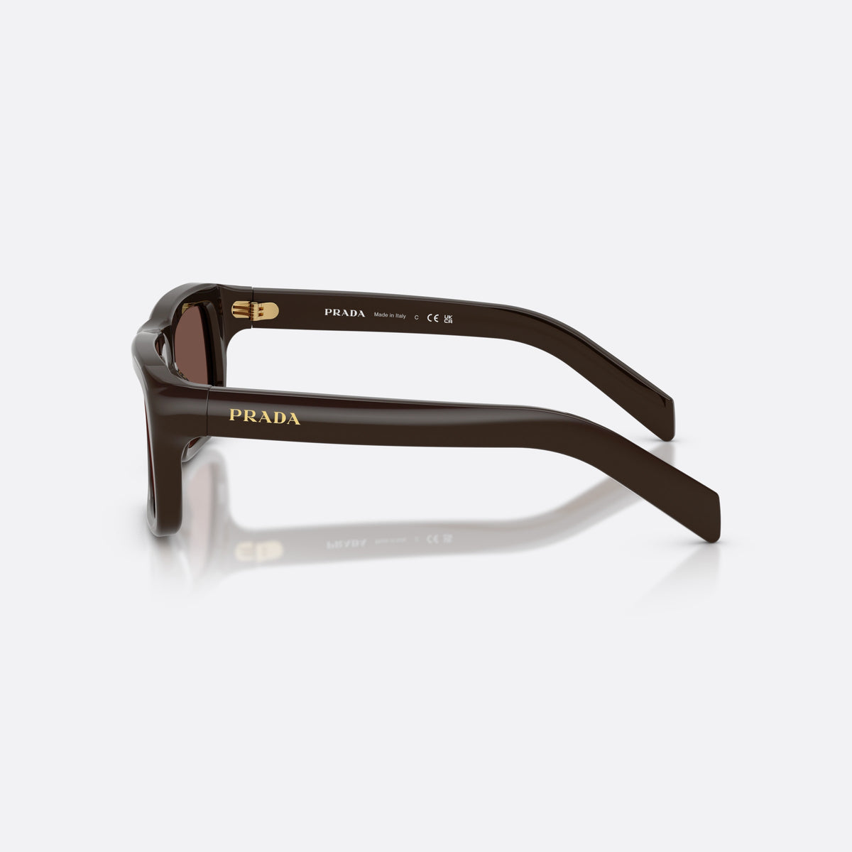 Prada PR D11S 27I90W sunglasses, brown rectangle frame for men, plain integrated bridge, brand lettering on temples, side view