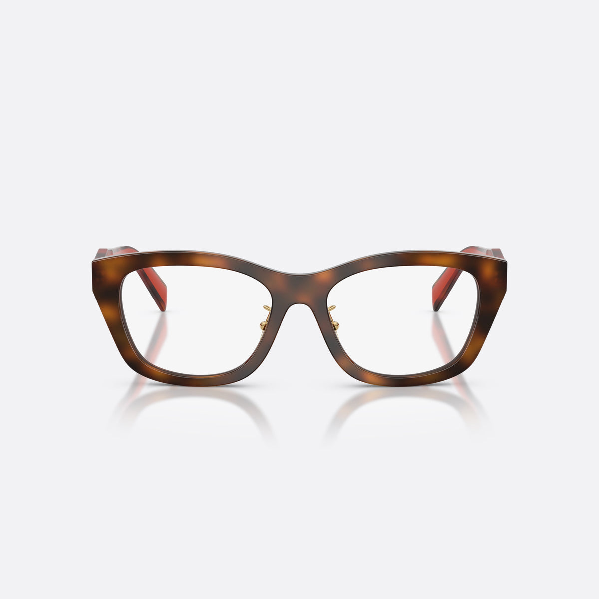 Prada PR D11VD 01K1O1 eyeglasses, havana irregular frame for women, keyhole bridge, brand lettering on temples, full-rim frame, front view