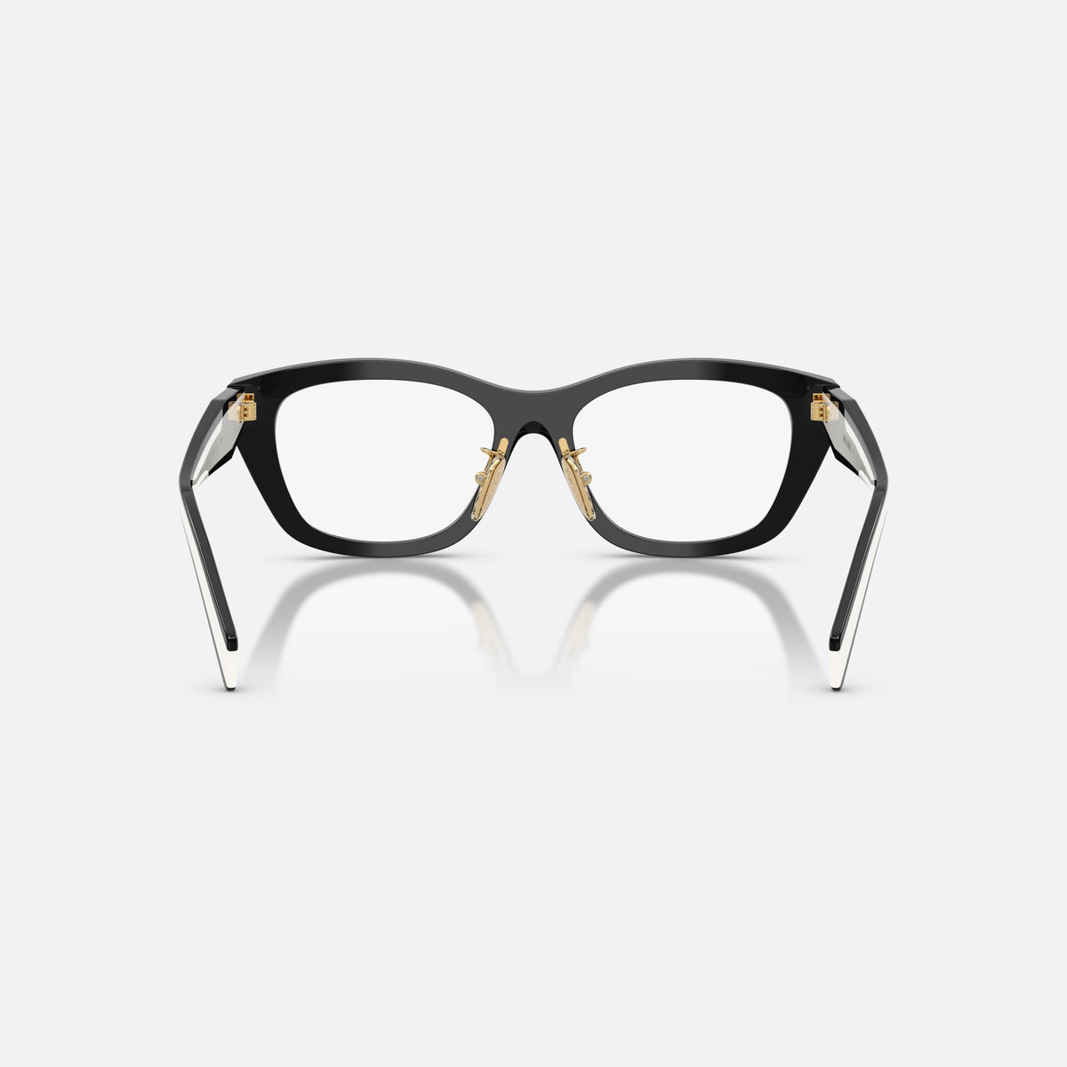 Prada PR D11VD 20G1O1 eyeglasses, black irregular frame for women, plain bridge, integrated into rim, tapered temple tips, back view