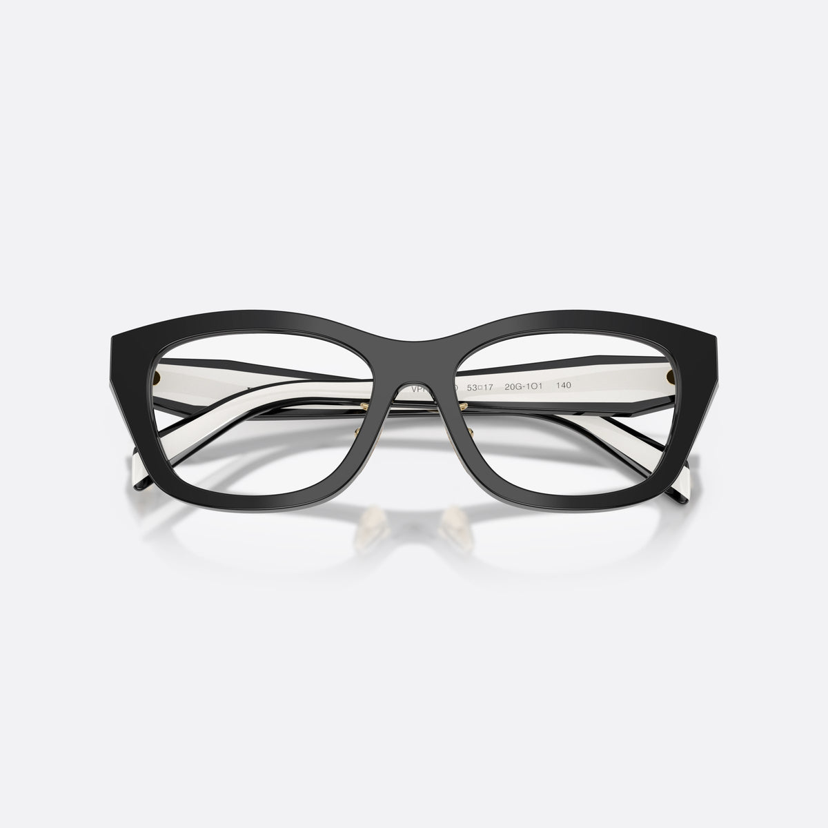 Prada PR D11VD 20G1O1 eyeglasses, black irregular frame for women, plain bridge, integrated into rim, tapered temple tips, folded