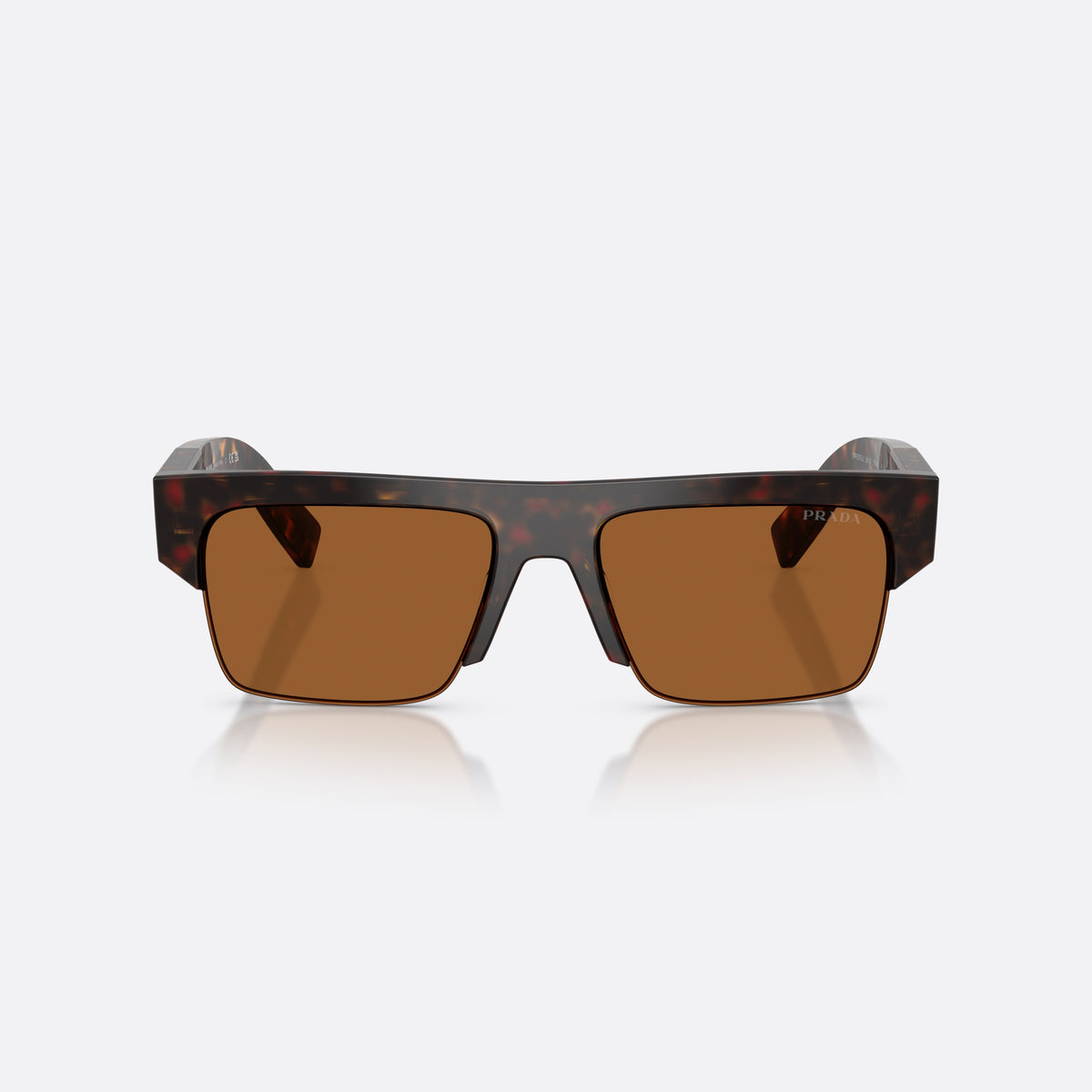 Ochelari de soare Prada PR D12SU 17N20V, rectangulari havana, pentru bărbați, punte simplă cu bară groasă sus, literele brandului pe brațe, vedere din față