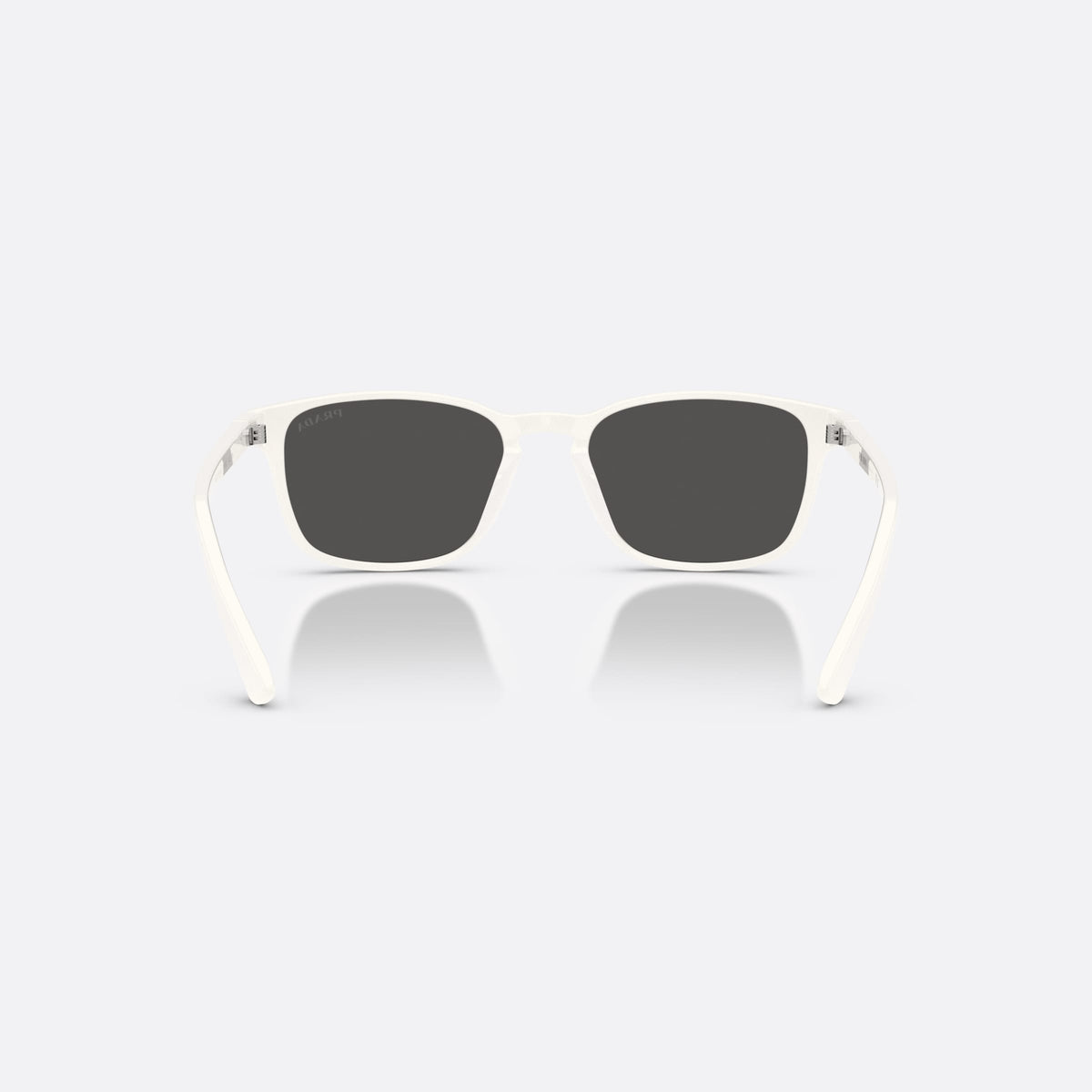 Prada PR D13SU 27M08Z sunglasses, white pillow frame for men, brand lettering on the temples, slim tapered temples, back view
