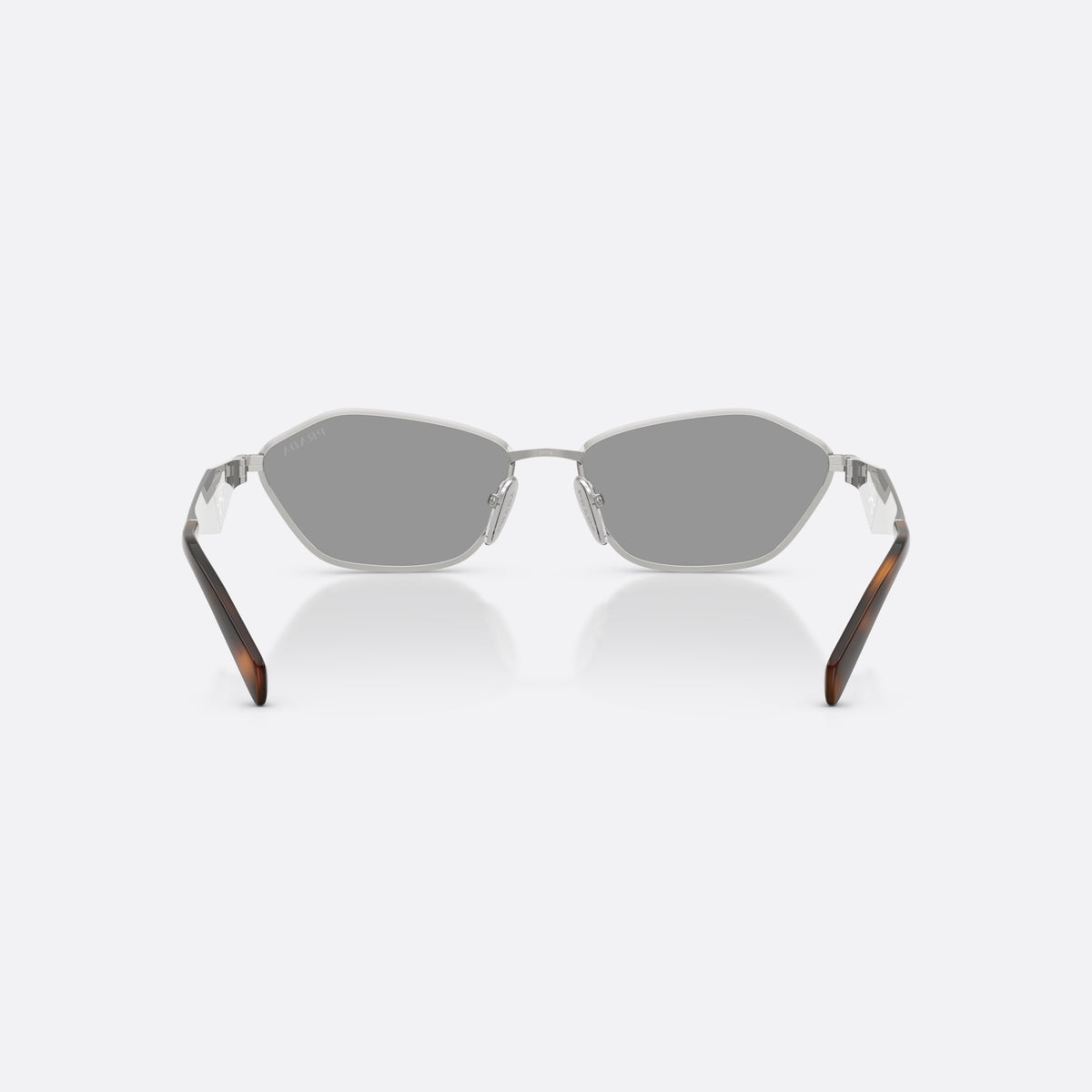 Prada PR D50S 1BC50Q sunglasses, silver irregular frame for women, plain metal bridge, brand logo on temples, back view