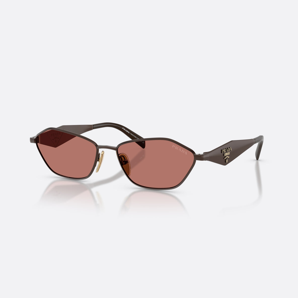 Prada PR D50S 22J80W sunglasses, brown irregular frame for women, plain metal bridge, brand lettering on temples
