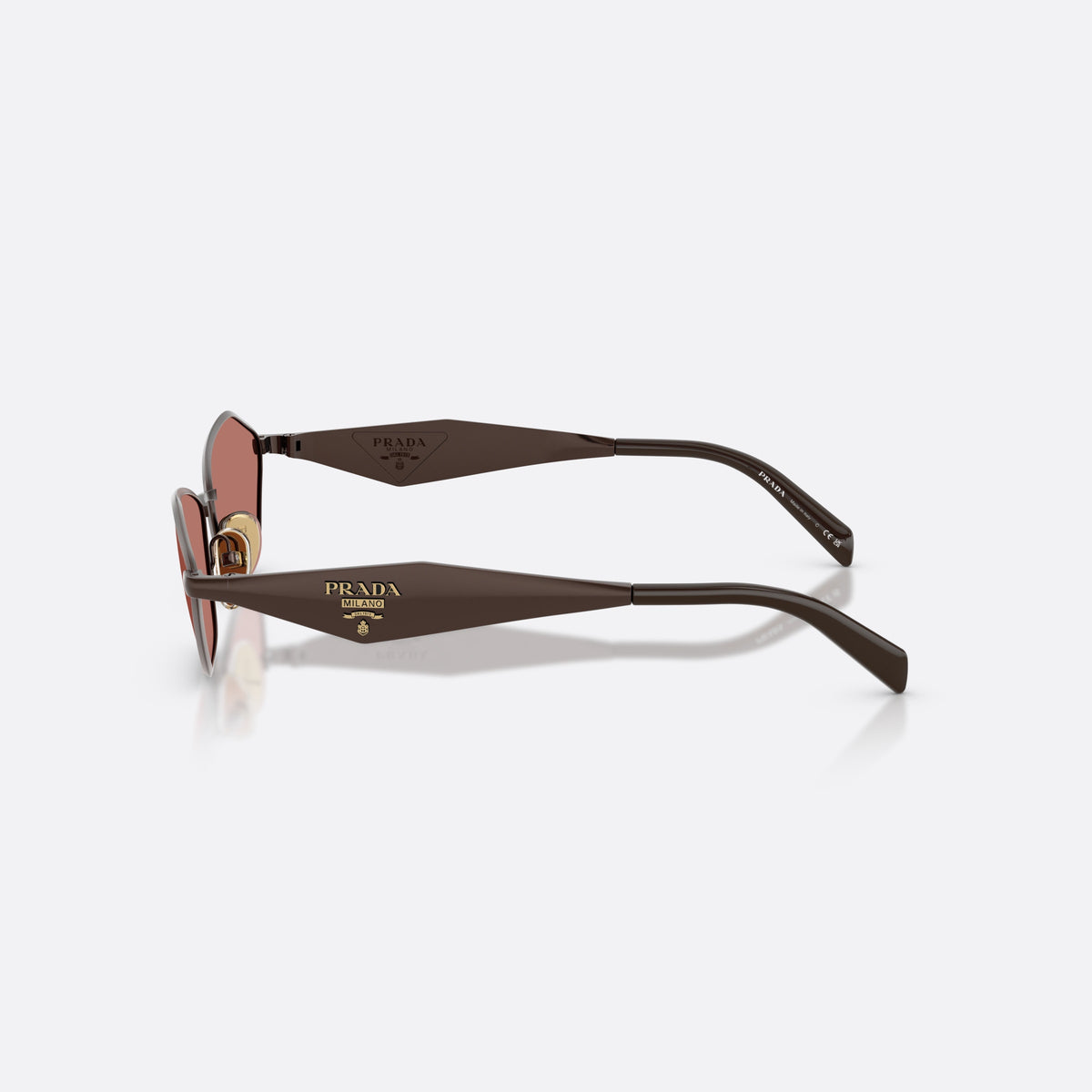 Prada PR D50S 22J80W sunglasses, brown irregular frame for women, plain metal bridge, brand lettering on temples, side view