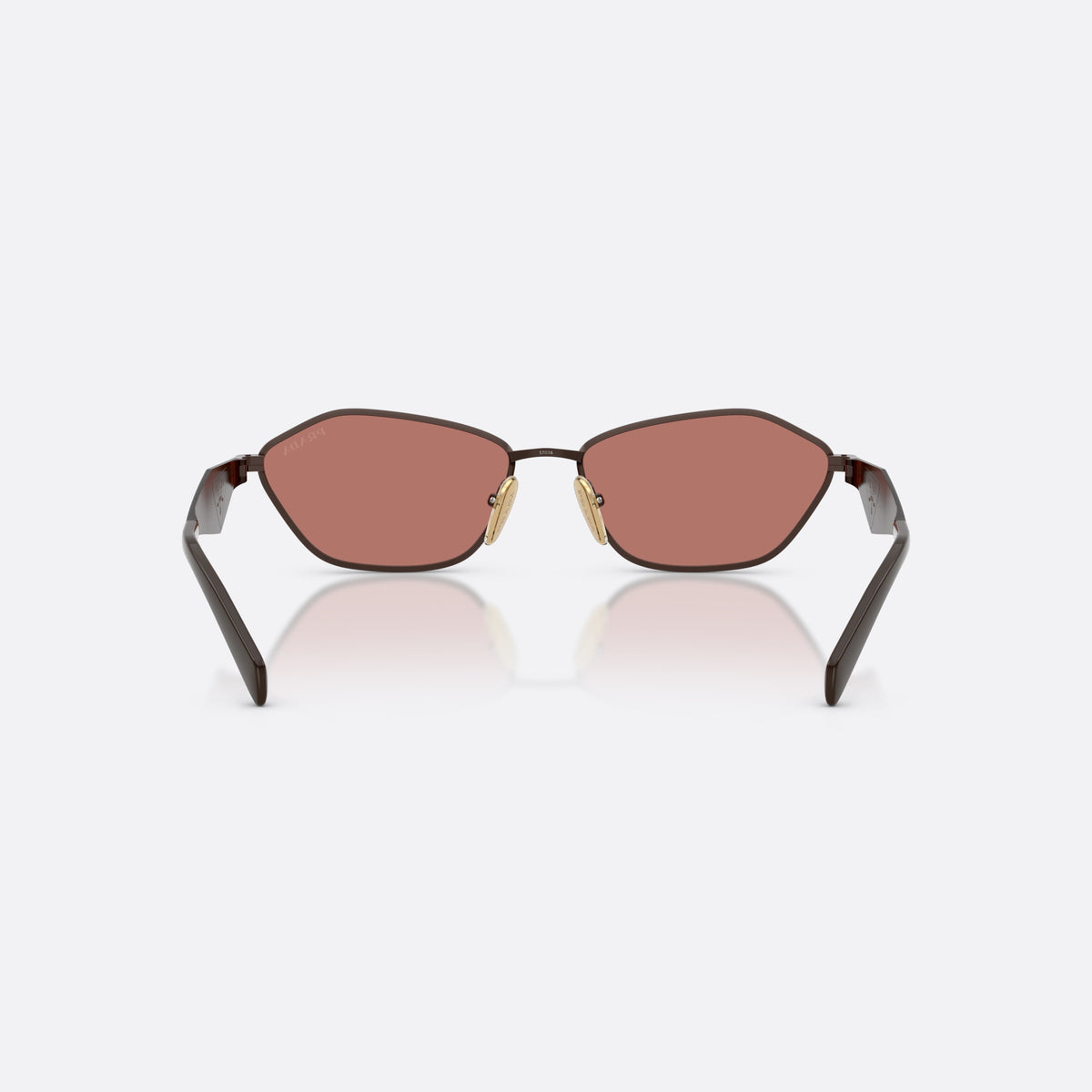 Prada PR D50S 22J80W sunglasses, brown irregular frame for women, plain metal bridge, brand lettering on temples, back view
