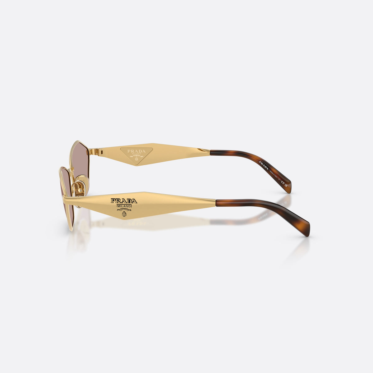 Ochelari de soare Prada PR D50S 5AK20I, neregulat auriu, pentru femei, punte metalică simplă, logo-ul brandului pe brațe, vedere laterală