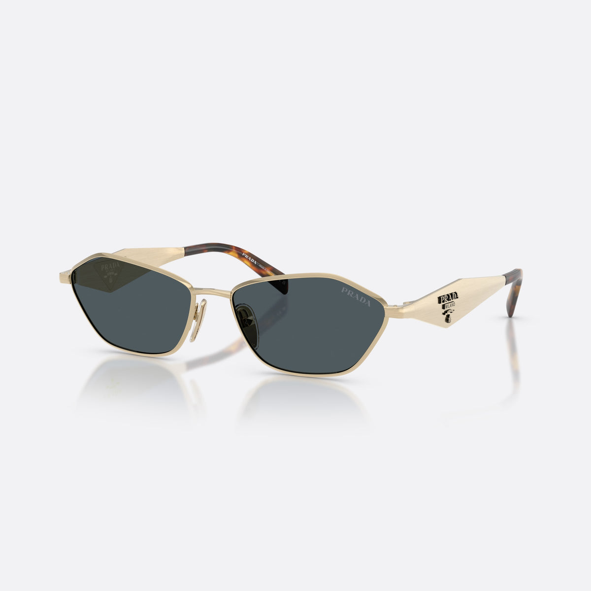 Prada PR D50S ZVN70B sunglasses, gold irregular frame for women, plain metal bridge, brand lettering on temples