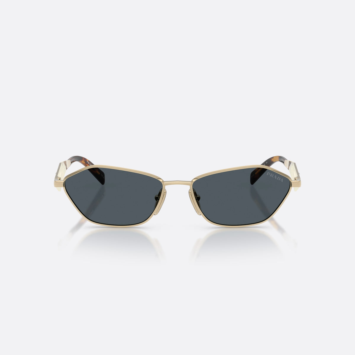 Prada PR D50S ZVN70B sunglasses, gold irregular frame for women, plain metal bridge, brand lettering on temples, front view